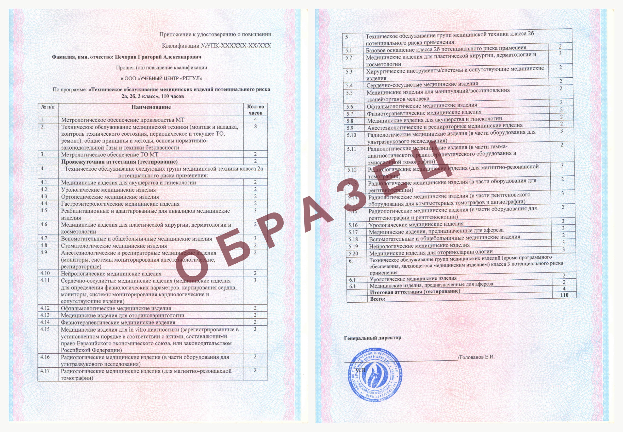 Образец приложения к удостоверению с учебным планом программы ТОМИ